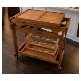 Vtg Wood Rolling Bar Dining Cart with 5 Bowls