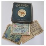 WWII Allied Military Currency & Vtg Camel Tin