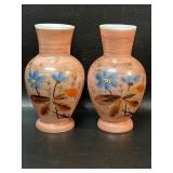 Pair Vintage Hand Painted Milk Glass Vases