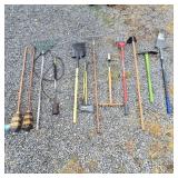 VARIOUS YARD TOOLS: WEED WEASEL, RAKES, TOURCH,