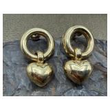 14k Italy Puffy Heart Drop Hoop Stud Earrings 5.1g