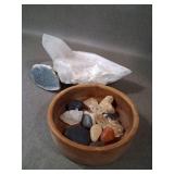 Lg & Sm Quartz Crystals, Tumbled,  & Wooden Bowl