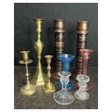 CANDLE STICKS GLASS, BRASS & WOOD PAIR W/ THE