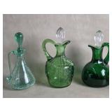 Three Vtg Green Glass Cruets / Decanters Crackle