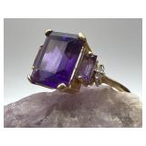 14KP Gold & Emerald Cut Amethyst Ring & Diamonds