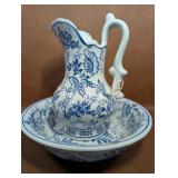 Blue & White Floral Patter Pitcher & Wash Basin