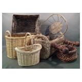 Wooden Carved Handle Basket & Woven Grouping
