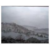 Misty Mountain Landscape Watercolor Painting,