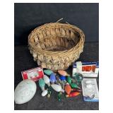 BARK/TWIG WOVEN BASKET W/ CHRISTMAS BULBS & GLASS