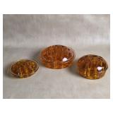 Trio Of Vtg Amber / Orange Glass Flower Frogs