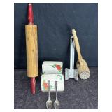 RED HANDLED WOOD ROLLING PIN, 2 COMMUNITY SILVER