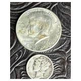 1944 D SILVER MERCURY DIME & 1964 KENNEDY HALF