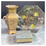 Brass Vase/ Yellow Depression Glass Plate/ Clay