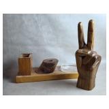 Vtg Wood Desk Organizer & Wood Carved Hand Peace