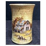 STUDIO POTTERY HAND PAINTED VASE W/ BARN SCENE