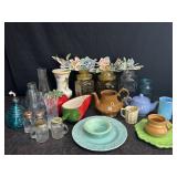 BOX LOT GLASS CANISTERS, BOTTLES, JARS, VASES,
