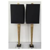 2 Tall Sculptural Gold Table Lamps w Black Shades
