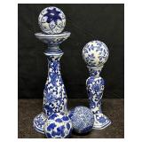BLUE & WHITE CERAMIC CANDLE STICKS W/ 4 CERAMIC