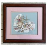 Cute Vintage Framed Cross Stitch Quilt w Flowers