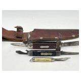 3 VINTAGE POCKET KNIVES W/ LEATHER KNIFE SHEATH