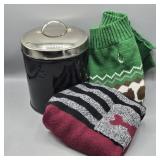 2- LARGE DOG SWEATERS & A DOG TREAT CONTAINER