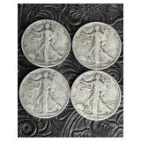 4 WALKING LIBERTY SILVER HALF DOLLARS 1946, 1945,