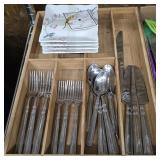 CONTENTS OF SHELF: FLATWARE, SERVING DISHES BOWL,