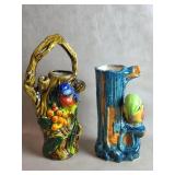 Japanese Majolica Style Ceramic Vases  W/ Figural