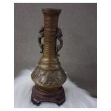 Antique Asian Bronze Dragon Vase with Wood Stand