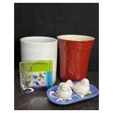 2 CERAMIC CROCKS CRATE & BARREL & LE CREUSET W/ 2