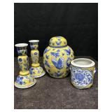 YELLOW & BLUE CERAMIC GINGER JAR, PAIR CANDLES &