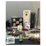 Small Trinket Lot: Olympic Pins, Esquire toy gun,