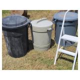 Three Trash Cans w/ Lids & Step Ladder