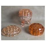 L E Smith Greek Key Flower Frog Vase & Pink Glass