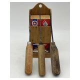 VINTAGE WOOD HANGING MATCH HOLDER & 3 ICE PICKS