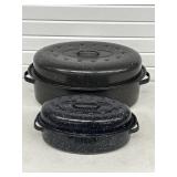 SPECKLED BLACK ENAMELWARE ROASTING PANS W/ LIDS