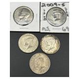 5 KENNEDY HALF DOLLARS 1964, 65, 68, 76 & 2009