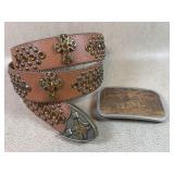 Leather Rhinestones Belt & Faith Carved Buckle
