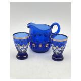 COBALT BLUE GLASS PITCHER KINGS 500 PATTERN W/ 2