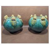 Asian Majolica Pottery Planter Frogs on Lily