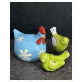 CERAMIC BLUE ROOSTER & 2 GREEN BIRDS