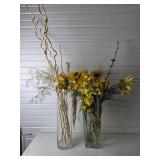 Pair of Modern Clear Glass Vases W/ Faux Flowers