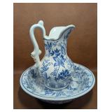Blue & White Floral Design Wash Basin and Pitcher