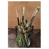 Misc Lot of Artist Paint Brushes w/ Cute Vase