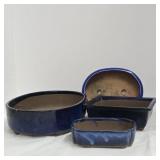 5 JAPANESE BONSAI POTS CERAMIC BLUE GLAZE