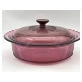 CORNING VISION CRANBERRY RIBBED GLASS CASSEROLE