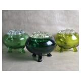 3 Green Viking Glass Flowerlite Rose Bowls W/