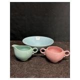 CERAMIC BOWL, CREAMER & SUGAR BLUE, TEEL & PINK
