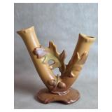 Vtg Weller Pottery Double Bud vase Oak Leaf