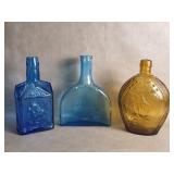 3 Vtg Commemorative Glass Bottles , Blue & Amber